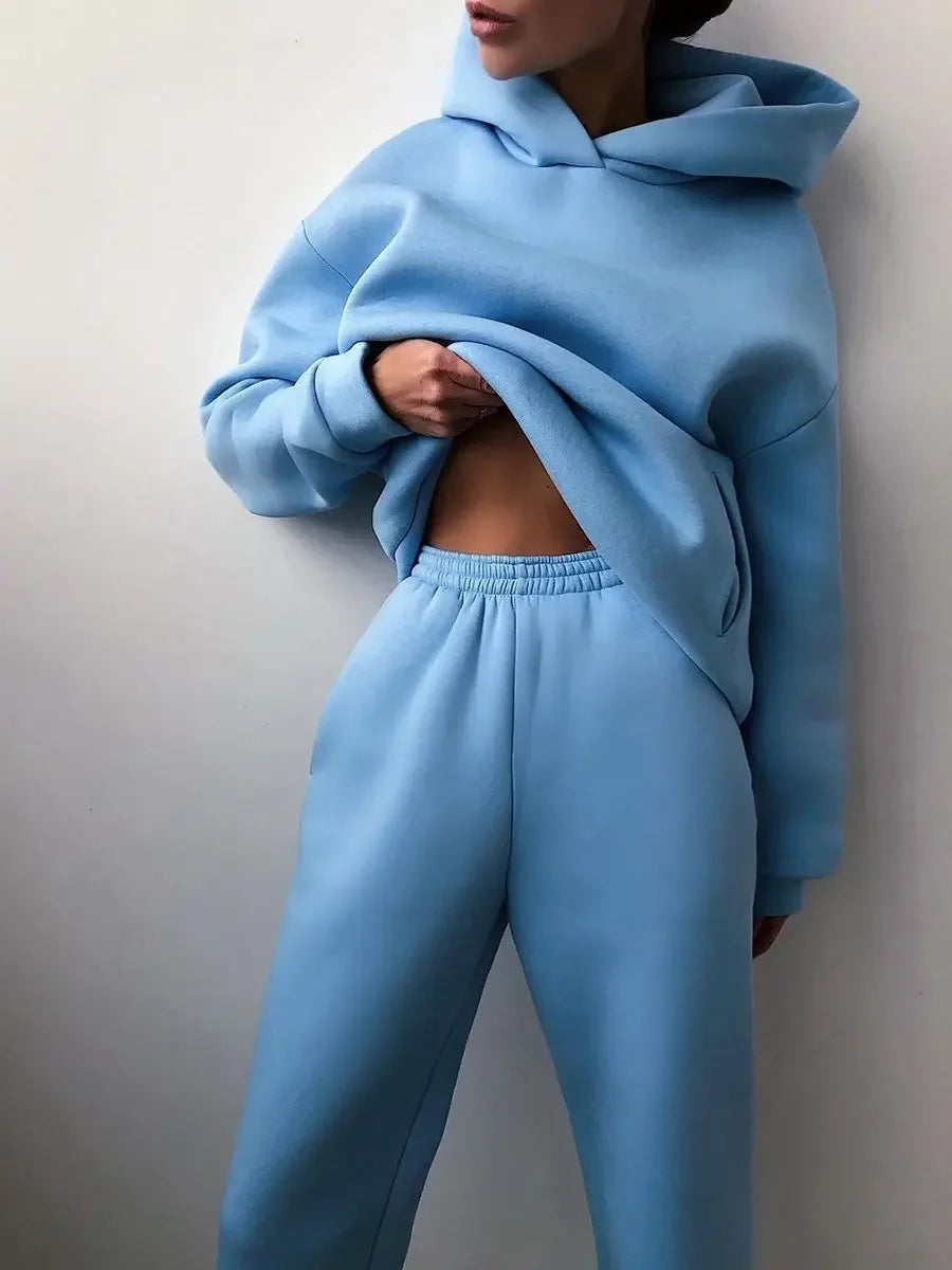 Two-Piece Oversized Tracksuit for Women, Warm Hoodie Sweatshirts,Long Pant Sets, Casual Hoodie, Monochromatic Pullovers, Winter.                                    M.Esk