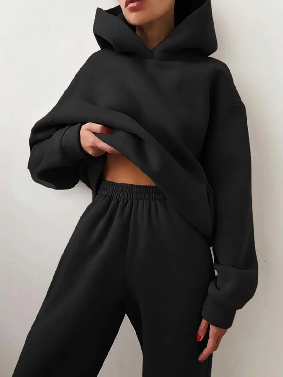 Two-Piece Oversized Tracksuit for Women, Warm Hoodie Sweatshirts,Long Pant Sets, Casual Hoodie, Monochromatic Pullovers, Winter.                                    M.Esk
