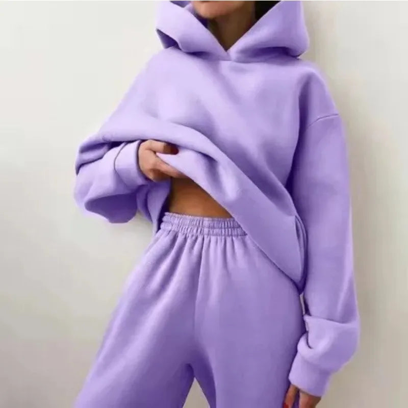Two-Piece Oversized Tracksuit for Women, Warm Hoodie Sweatshirts,Long Pant Sets, Casual Hoodie, Monochromatic Pullovers, Winter.                                    M.Esk